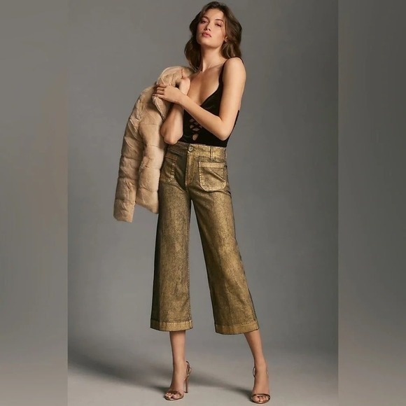 Maeve Anthropologie Pants - Maeve Anthropologie Colette Wide-Leg Cropped Pants Gold Metallic 28‎